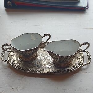 JAPAN EP ZINC Elegant Silverplated and White Creamer and Sugar Set with Tray